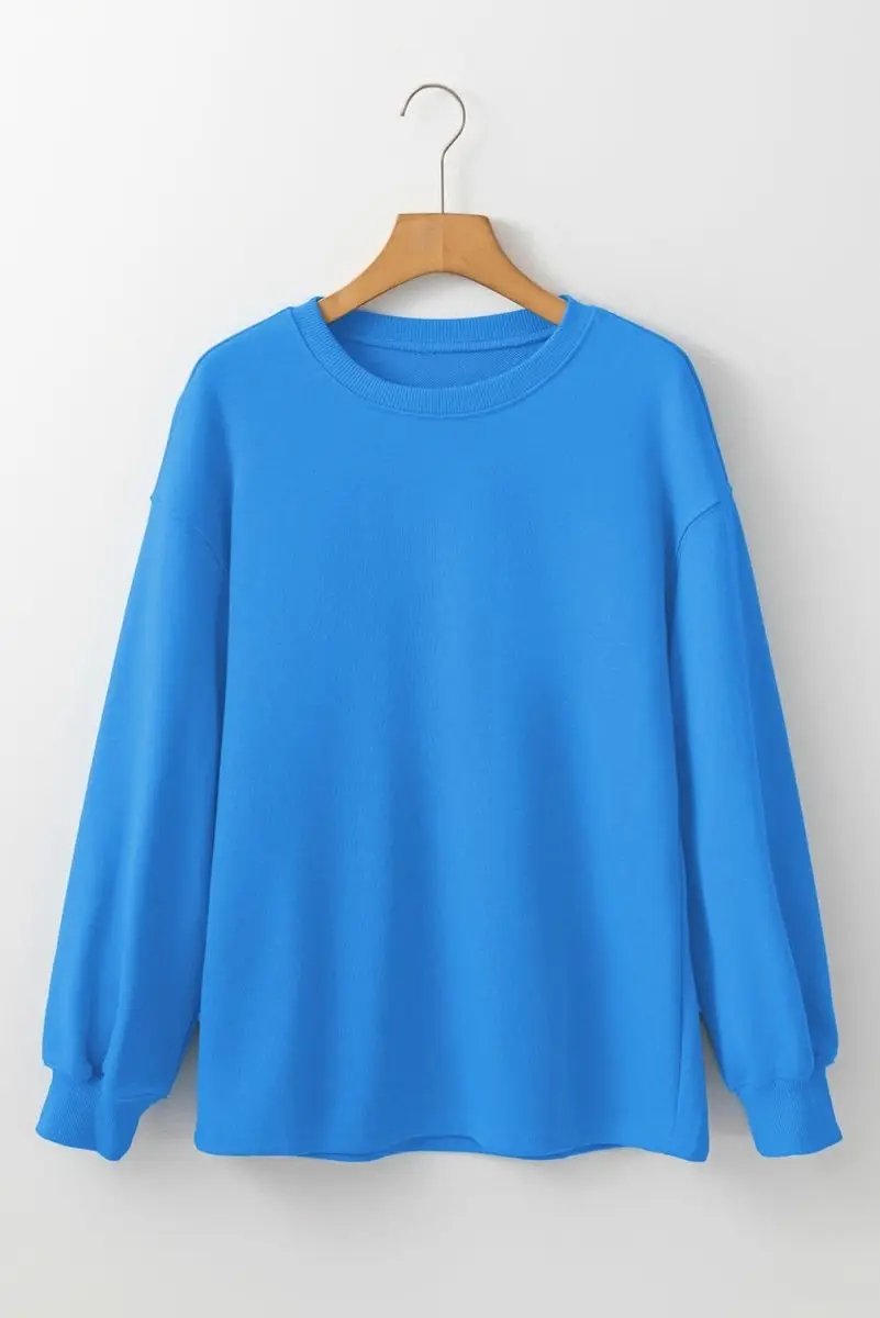 Sky Blue Solid Color Drop Shoulder Long Sleeve Basic Sweatshirt - Love Salve